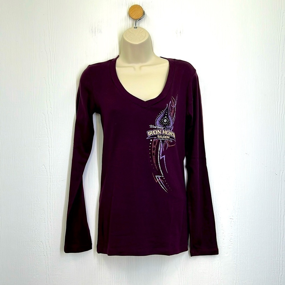 Bella - Iron Horse Daytona Beach Fl Angel Wings Graphic V Neck Long Sleeve T LG